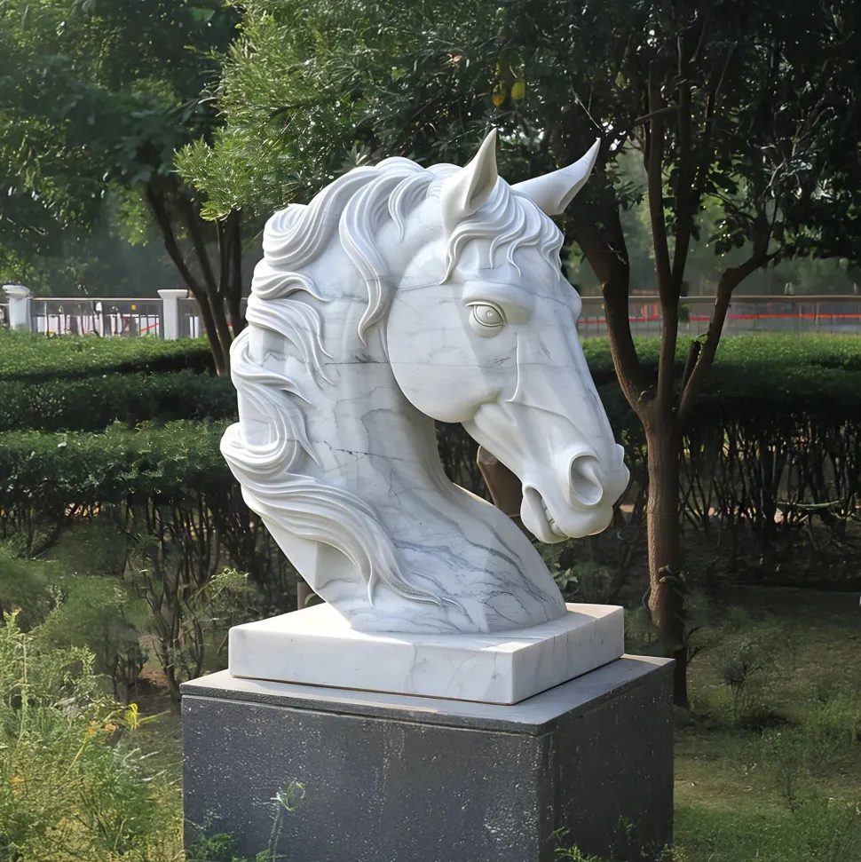 Majestic Horse Head 120cm White Marble Garden Statue
