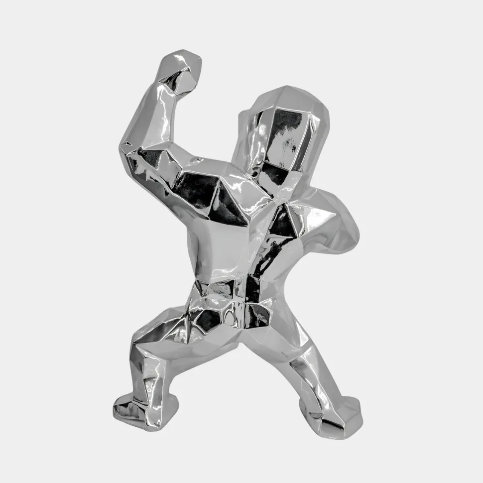Polygon Gorilla 50cm Chrome Resin Indoor Sculpture