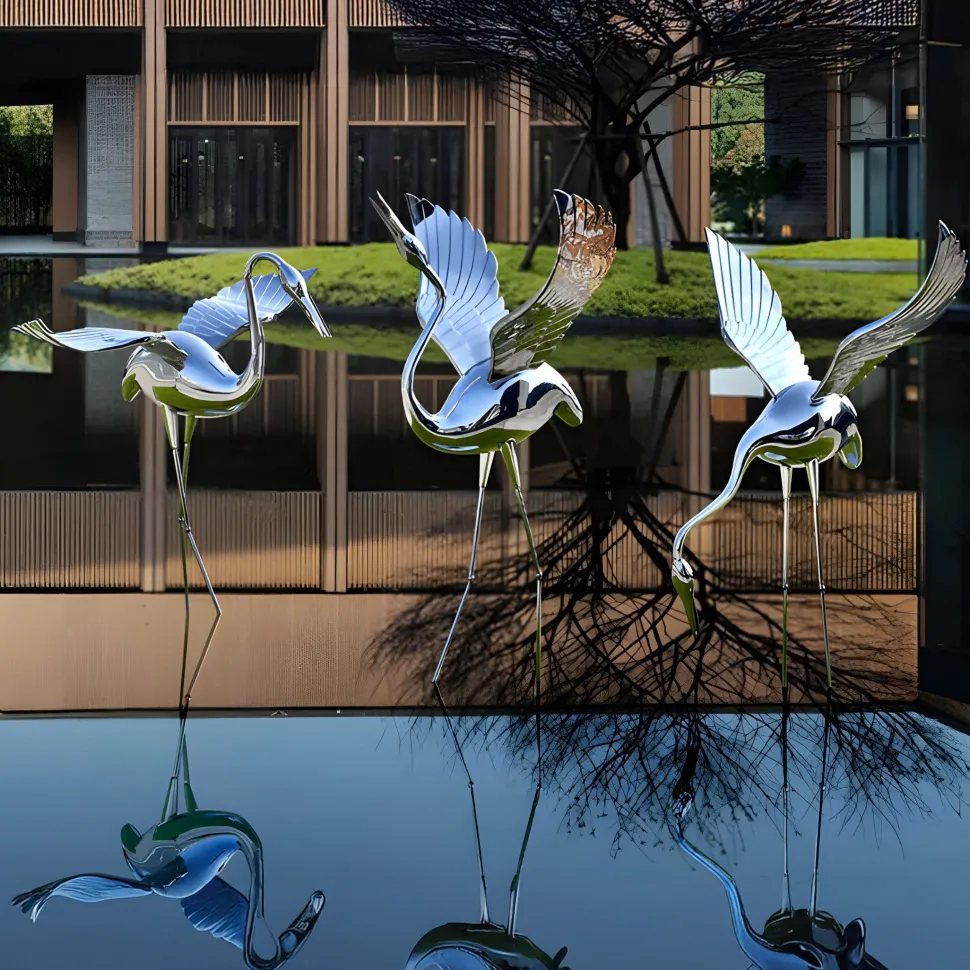 Pure Crane 130cm Silver Metal Garden Sculpture v1