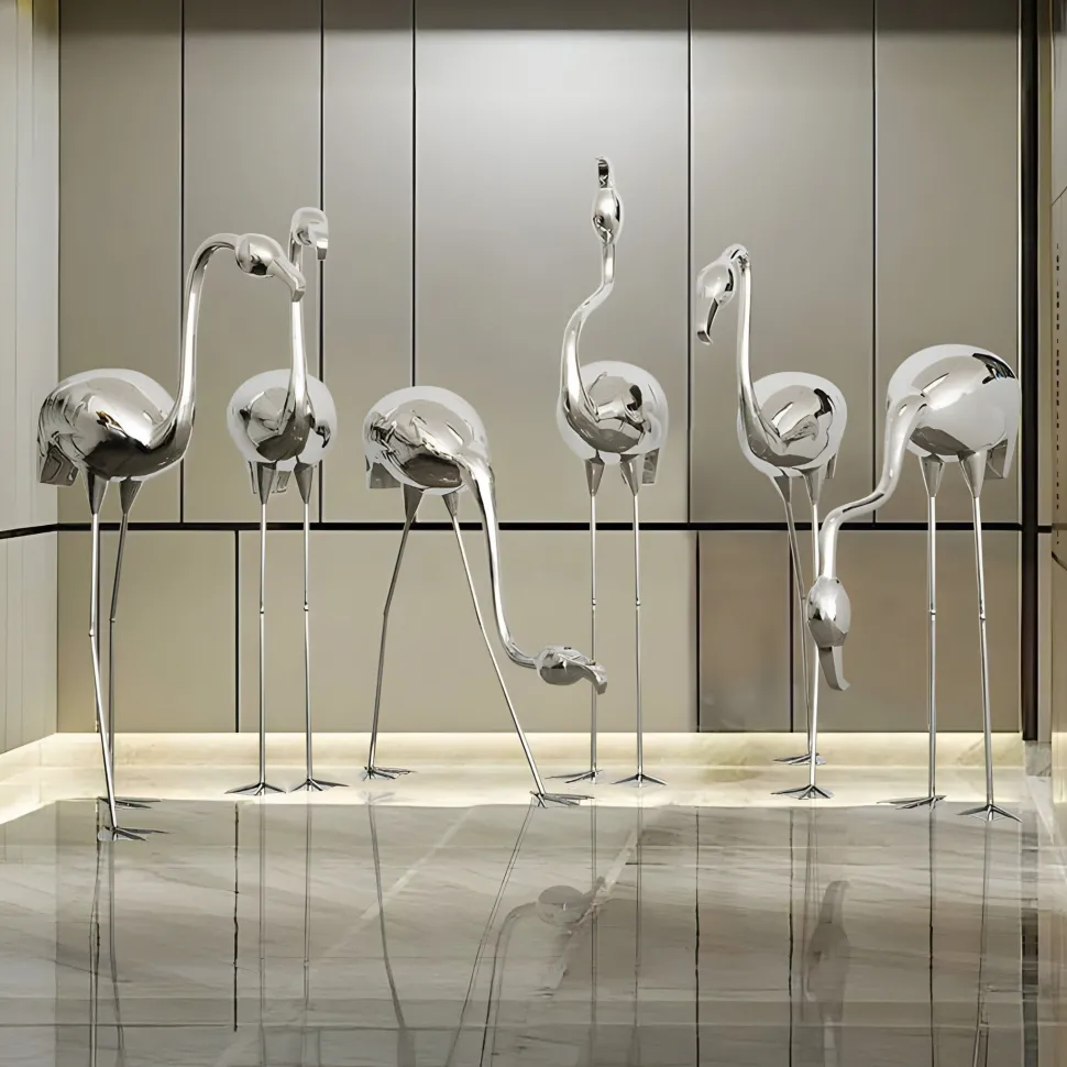 Pure Flamingo 122cm Silver Metal Garden Sculpture