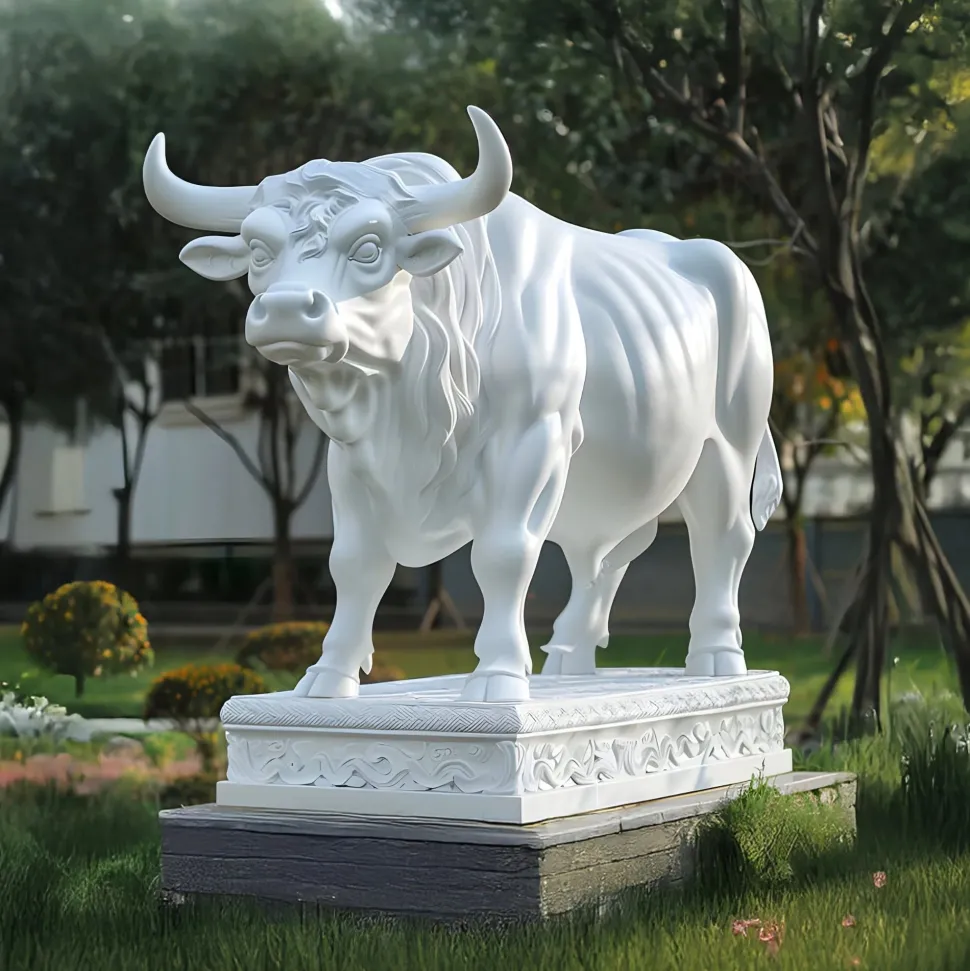 Regal Bull 120cm White Marble Garden Statue v1