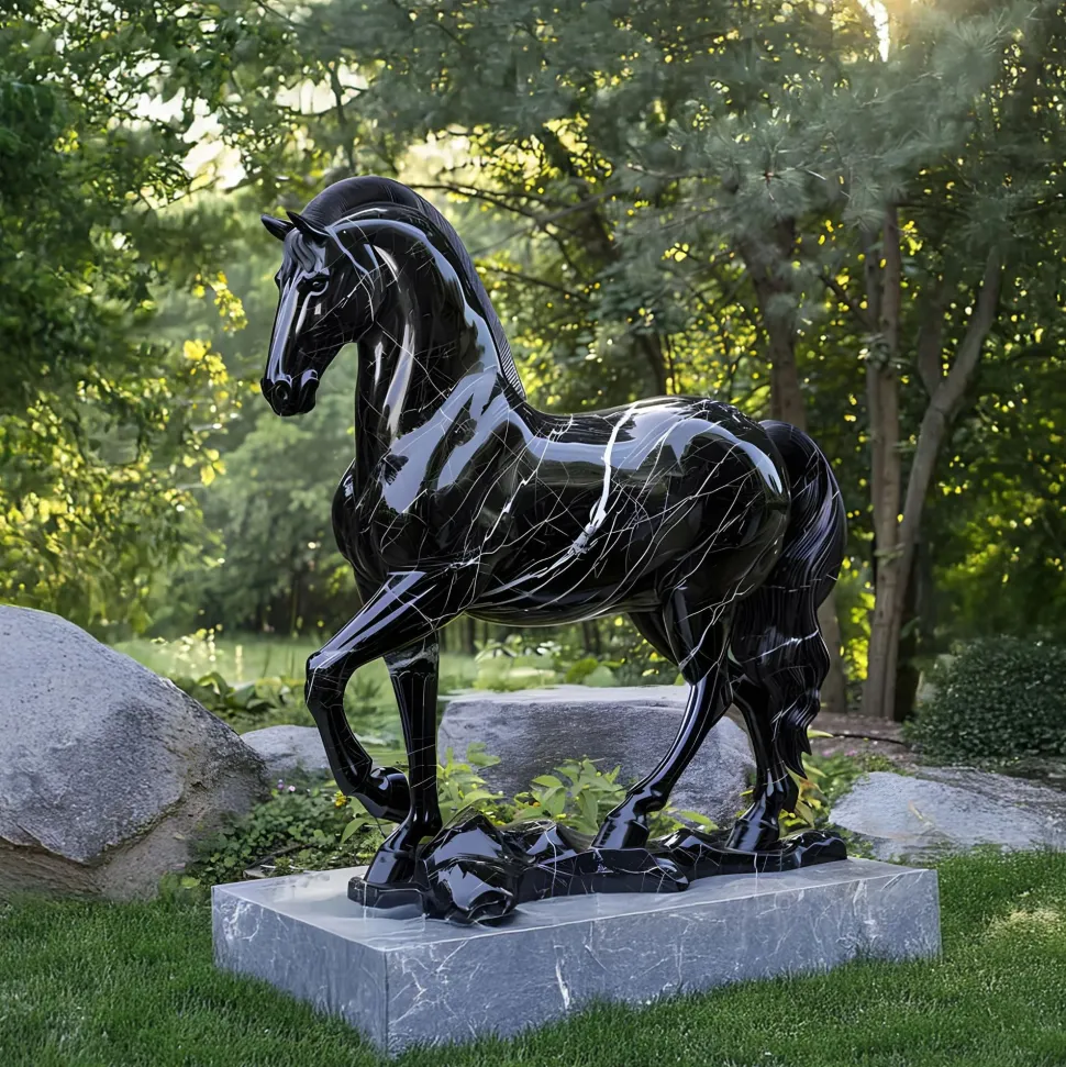 Regal Stallion 220cm Black Marble Garden Statue