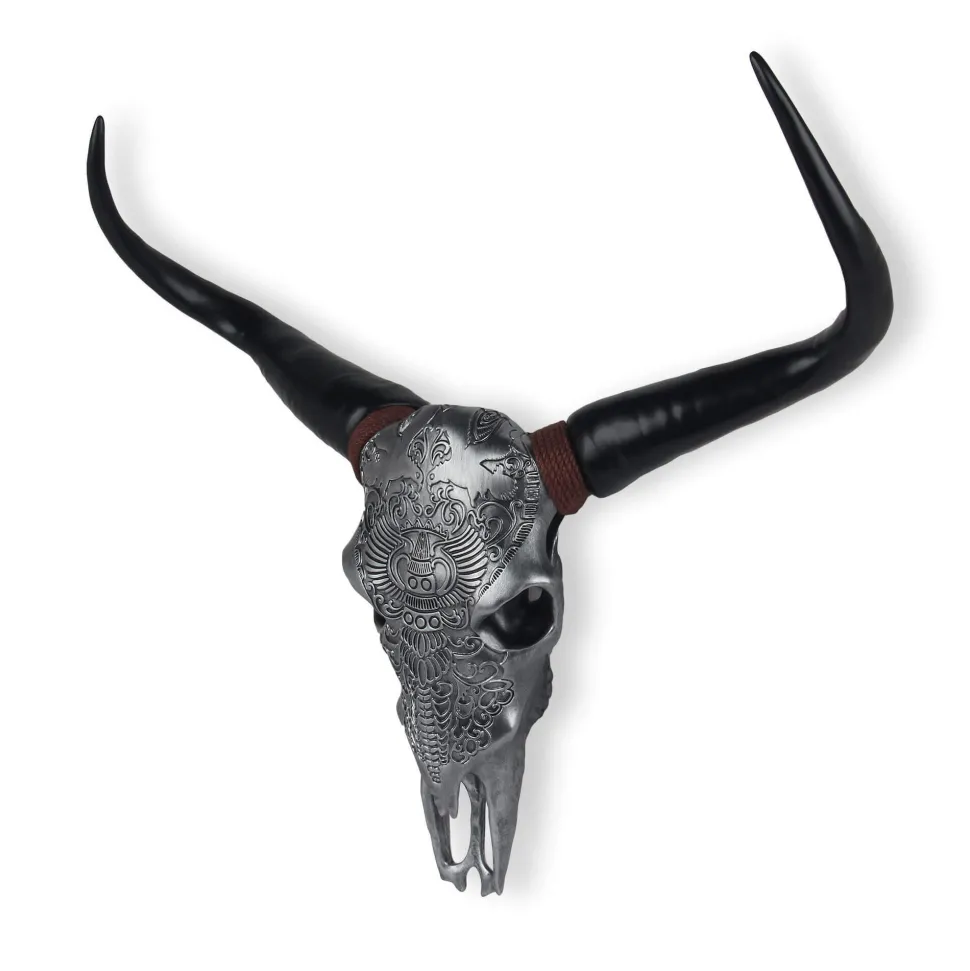 Sacred Buffalo 63cm Silver Resin Wall Sculpture