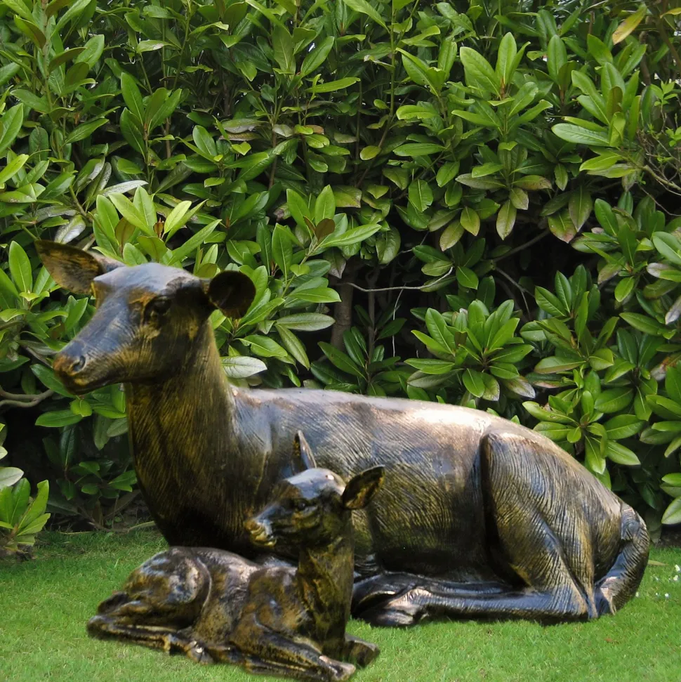 Stag Doe & Fawn Collection Bronze Metal Garden Statues